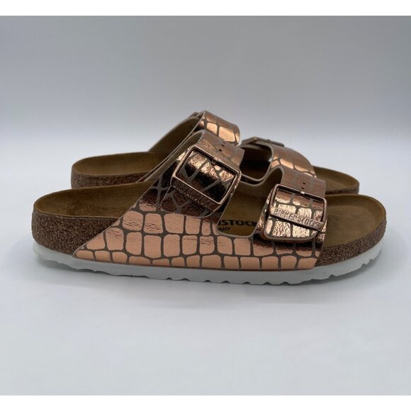 Birkenstock Arizona GATOR GLEAM Slides NARROW Sandals CHOOSE SIZE 7 Copper /Gold - Picture 1 of 7